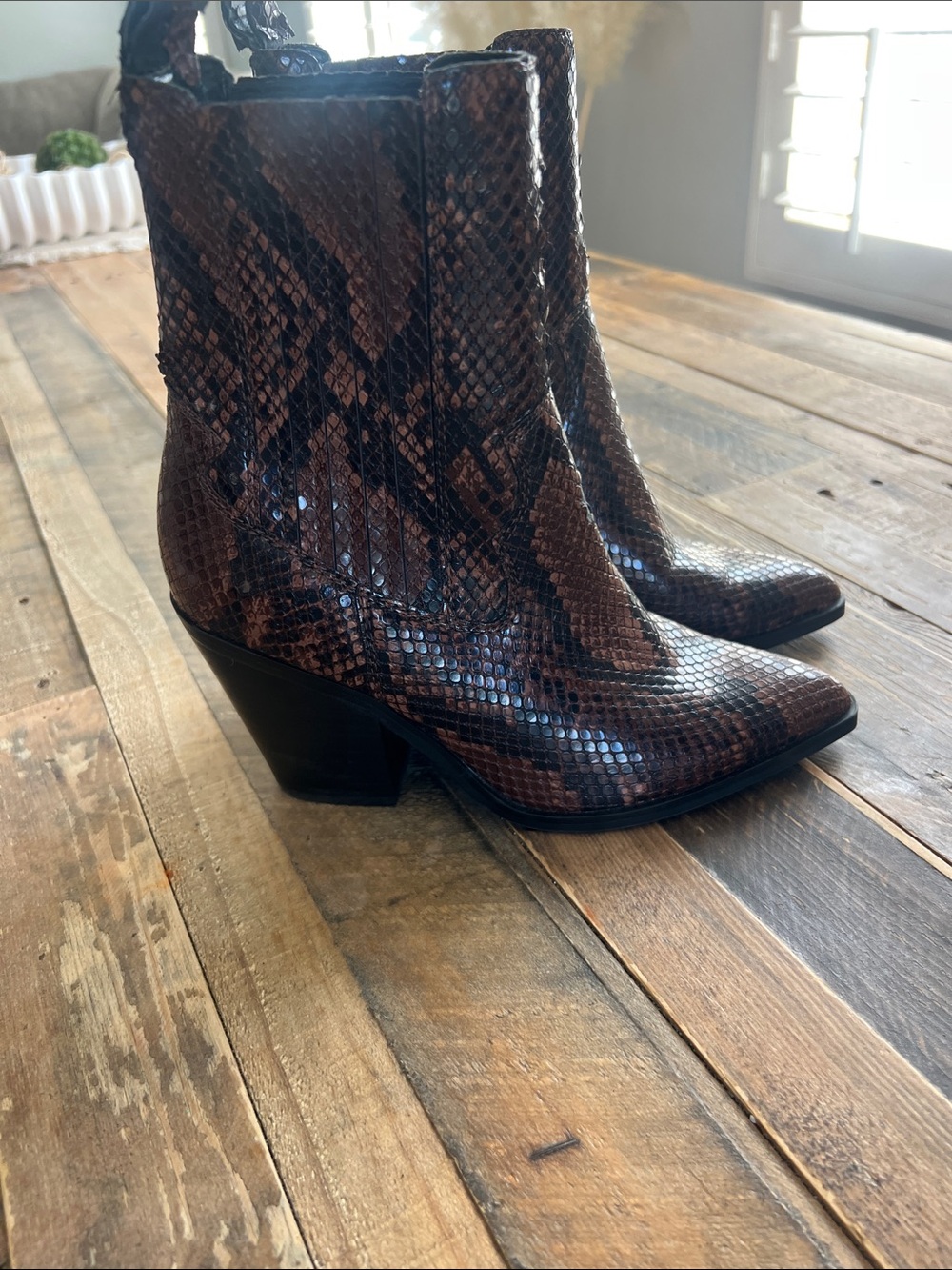 Aldo Brown Snake-Print Western Ankle Boots